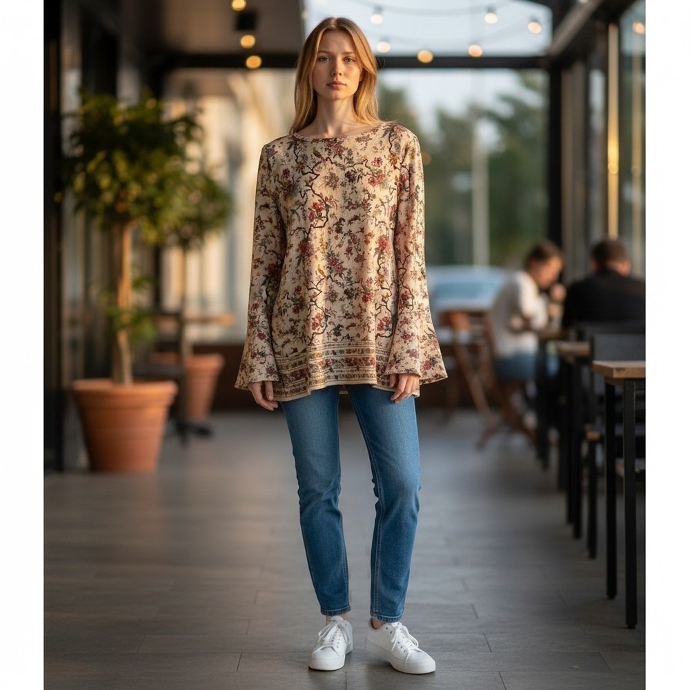 Max Studio Blouse Bohemian-inspired Floral Bird Print Bell Sleeve S chic tunic